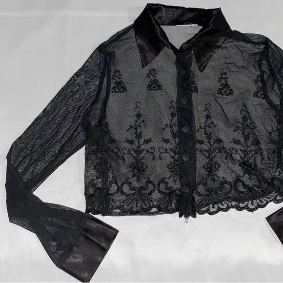 See-Thru Long Sleeve Floral Embroidered Cropped Button Down Shirt - Picture 2 of 11
